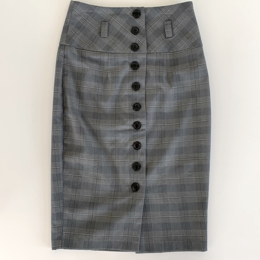 Grey Plaid Button Down Pencil Skirt